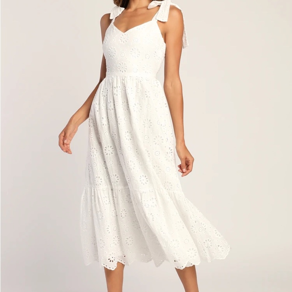 White Eyelet Embroidery Midi Dress